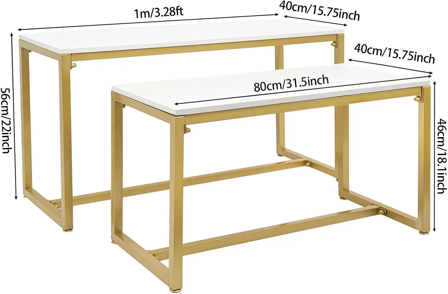 طقم مكون من قطعتين من طاولات التعشيش الذهبية الحديثة، رف عرض معدني للأحذية وحقائب اليد والمنزل ومحلات الملابس - سعة تحميل 110 رطل