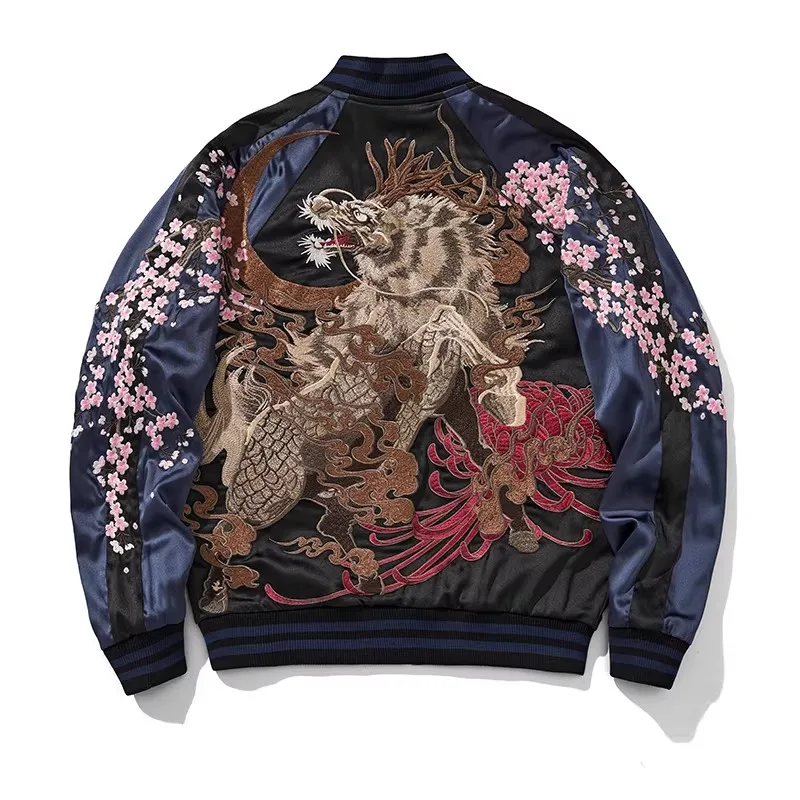 

B079 Satin Luxury Jackets For Man Heavy Embroidery Chinese Style Autumn Quality Polyester Loose Fit Trendy Chamarras Para Hombre