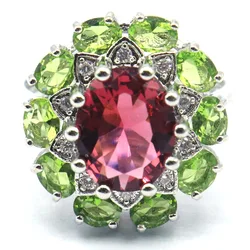 Buy 5 Get 1 Free 18x17mm SheCrown Pink Tourmaline London Blue Topaz Peridot CZ Women Wedding Silver Rings