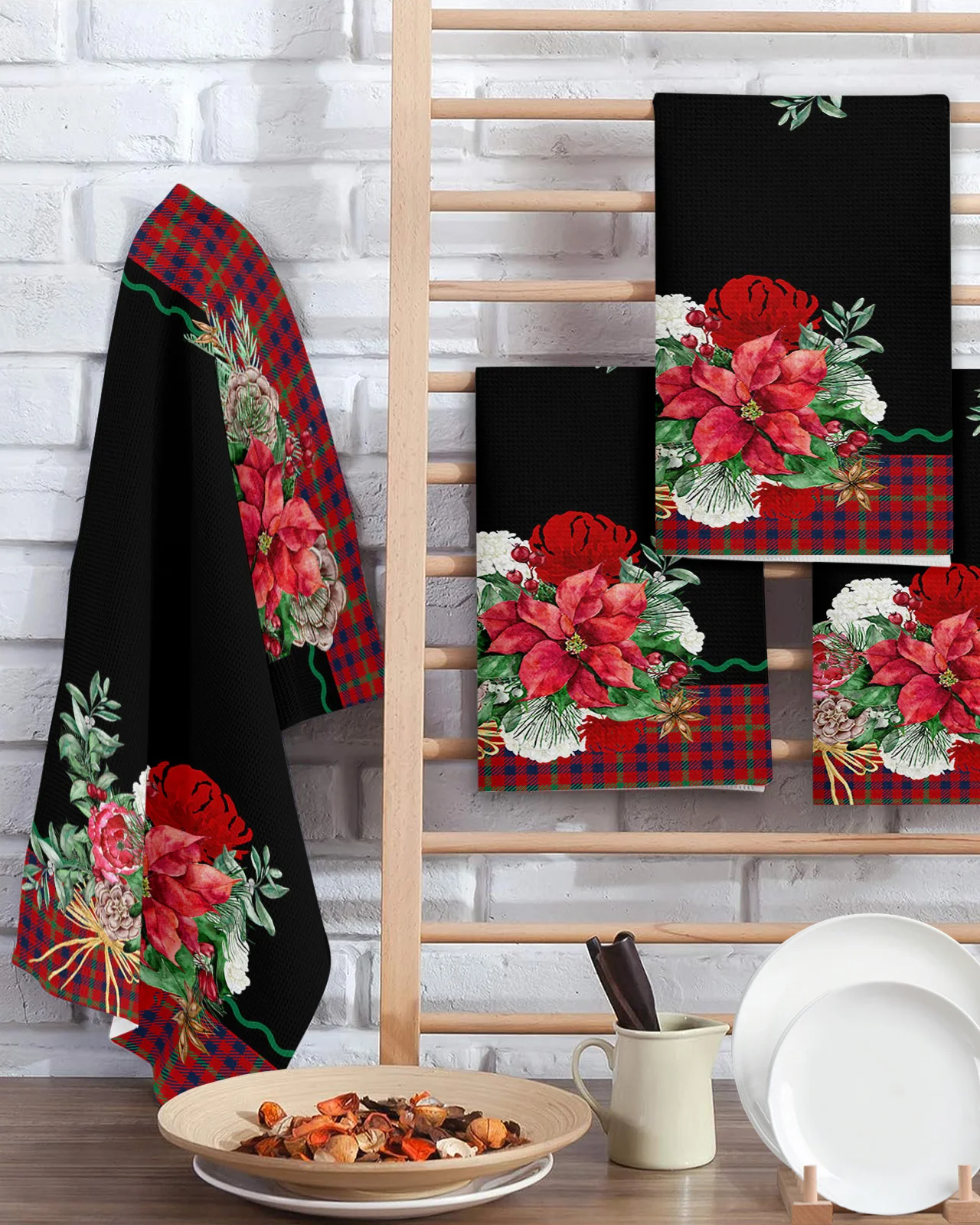 Christmas Red Plaid Poinsettia Pineapple Kitchen Microfiber Waffle Towel Household Wipes Rags Dish Cloth Insulation Pad