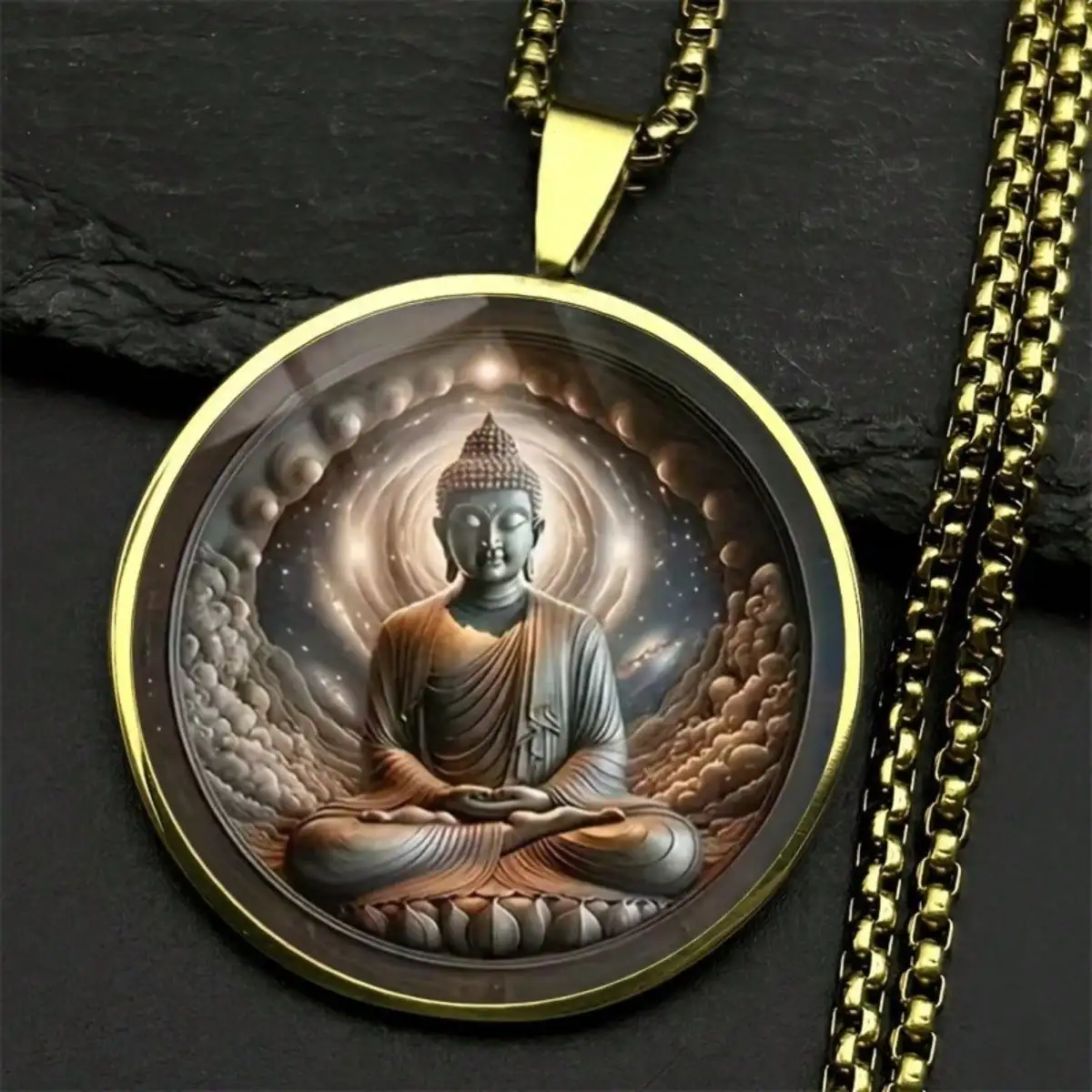 Buddha Pendant Necklace, Unisex, Gold Plated Stainless Steel, Cosmic Buddha Art Print, Daily Wear & Spiritual Jewelry