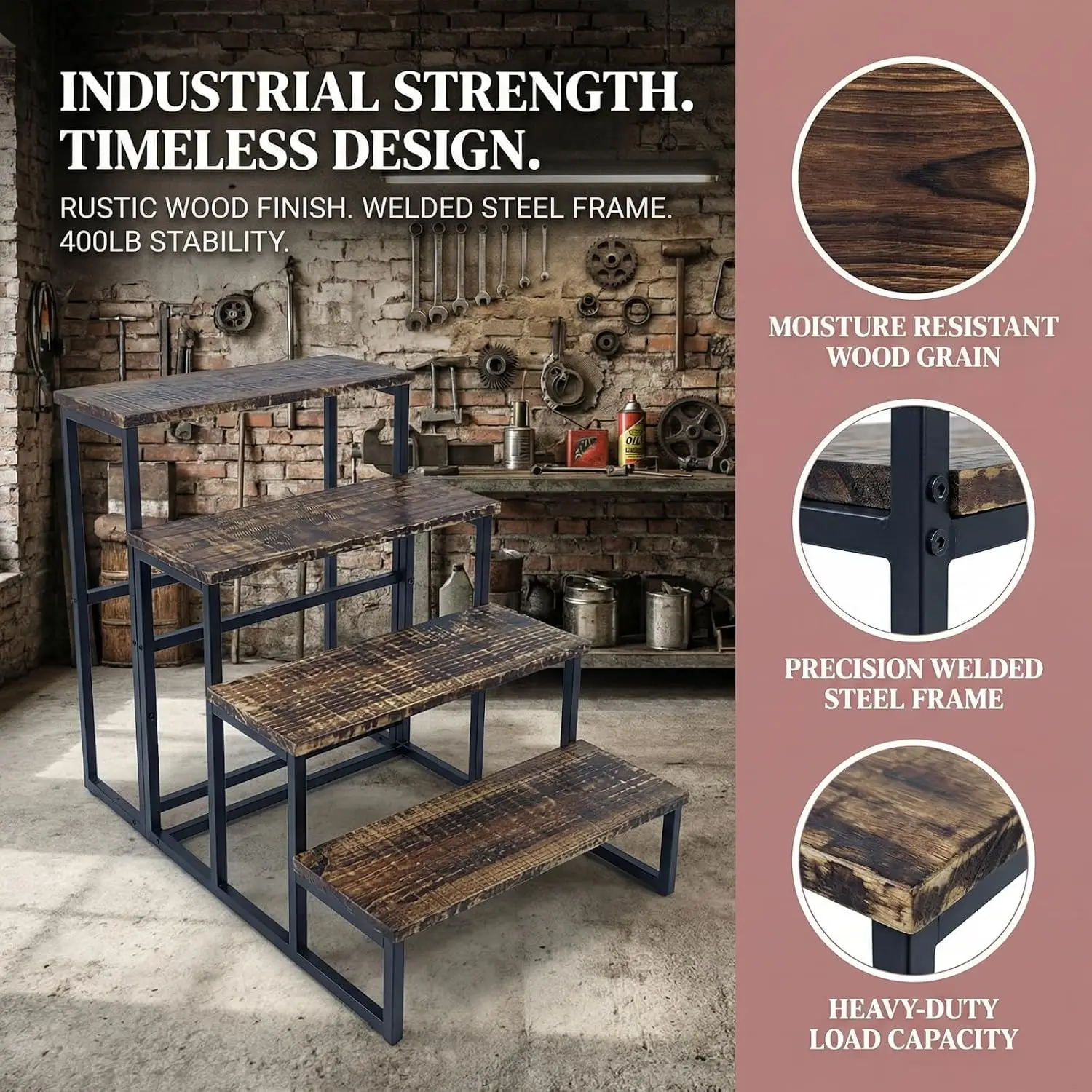 Carbonized Wood Step Ladder With Handrail, Heavy Duty 3 Step Porch Stairs For Hot Tub And Outdoor Deck, Stable Household Underground Garage Steps, Multifunctional Storage Display Plant Stand, Brown view 4