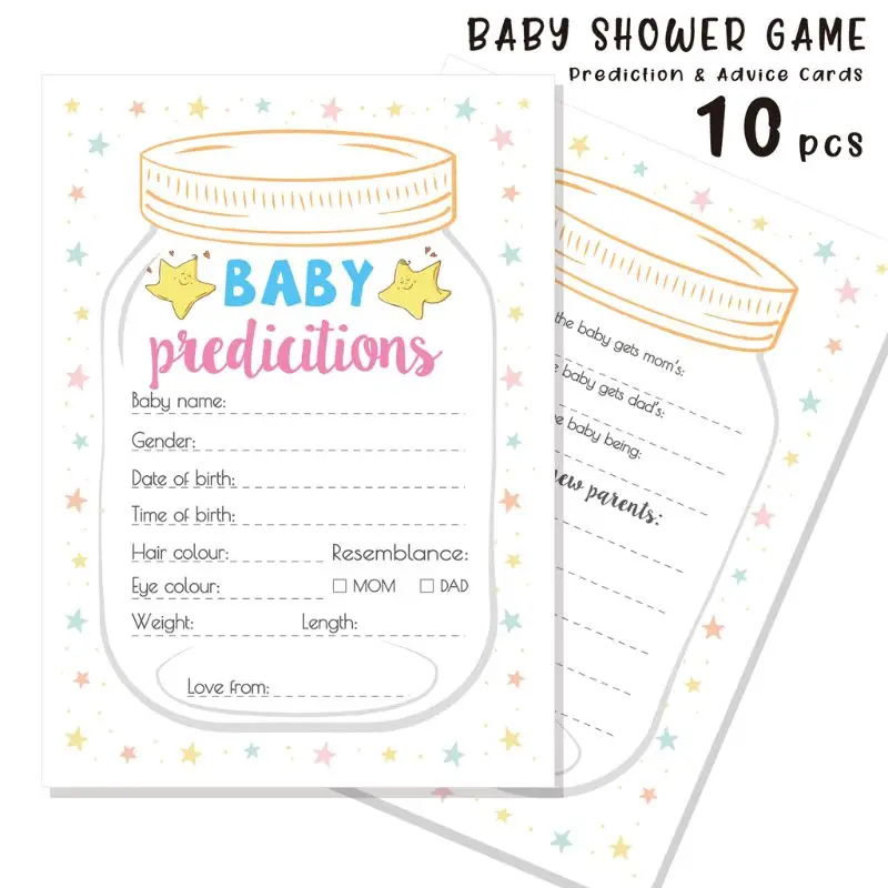 Paquete 10 tarjetas consejos y predicciones para Baby Shower, juego género neutro para niño y niña