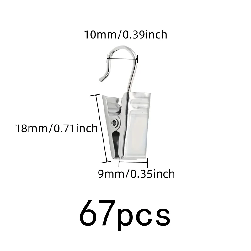 Silver Open-End Design Open Curtain Hooks, 67 pcs, Photo Hanging Display, Strong Secure Grip for Living Room Curtains