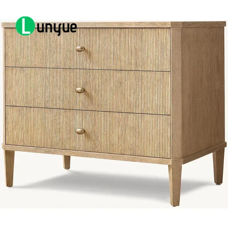 Luxury Wooden Bedside Table with 3 Drawers Groove Design Closed Storage Nightstand for Modern Bedroom Furniture Home Decor