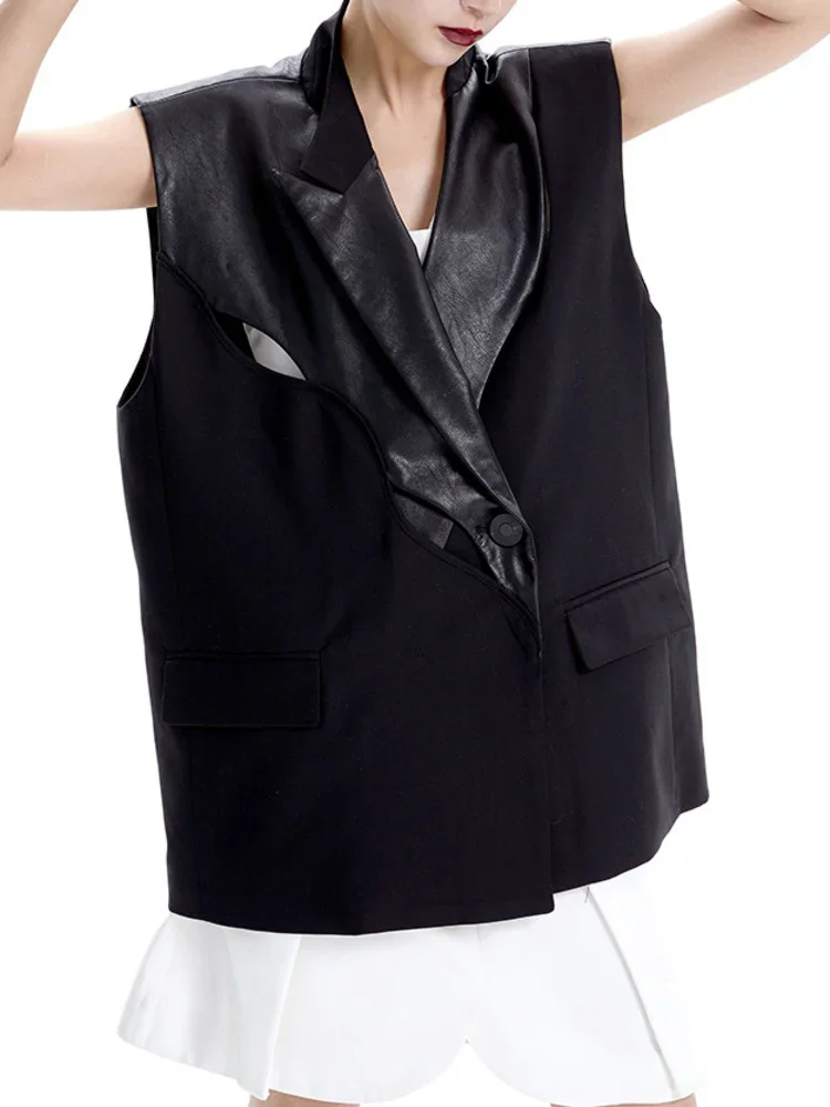   スタジオニュートラルスプライシングレザーウルダーワイドレディースベストルーズスーツカラーストリートスレコットンブレンドロングジャケット