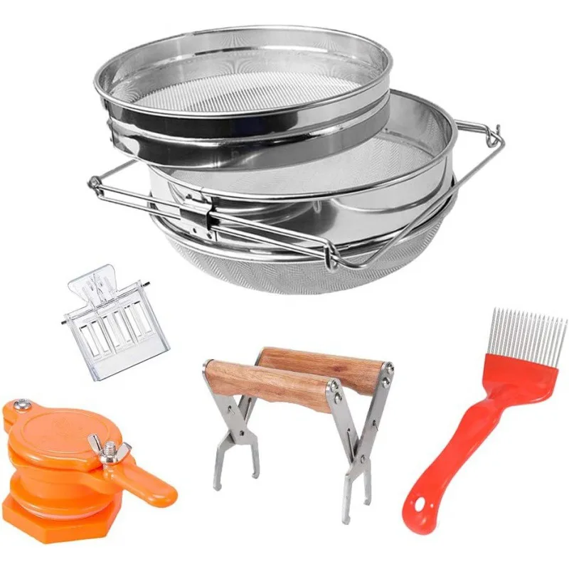 

New 5pcs Beekeeping Starter Kit Double Sieve Honey Strainer Frame Grip Honey Fork Honey Gate Queen Cage 1 Year Warranty