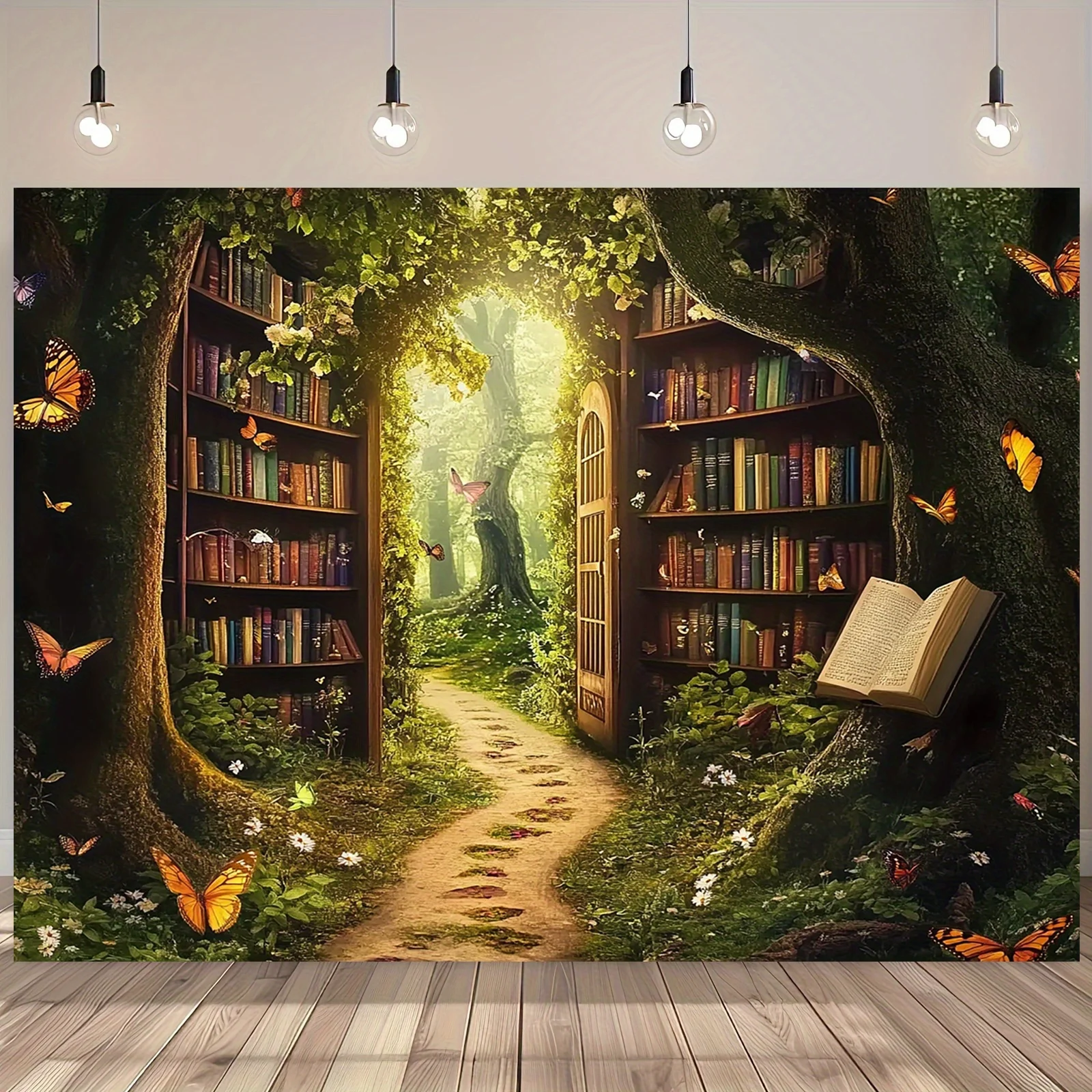 

1 piece, Magic Forest Library background banner - Fairy Tale World theme, with bookshelf, butterflies and flowers
