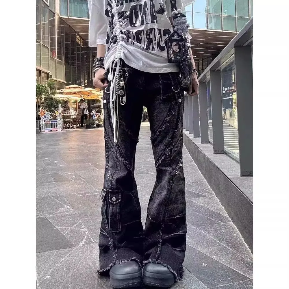 

Unisex Y2K Distressed Jeans 2026 Spring Autumn Punk Inspired Raw Hem Flared Streetwear Baggy Floor Length High Waist Pants