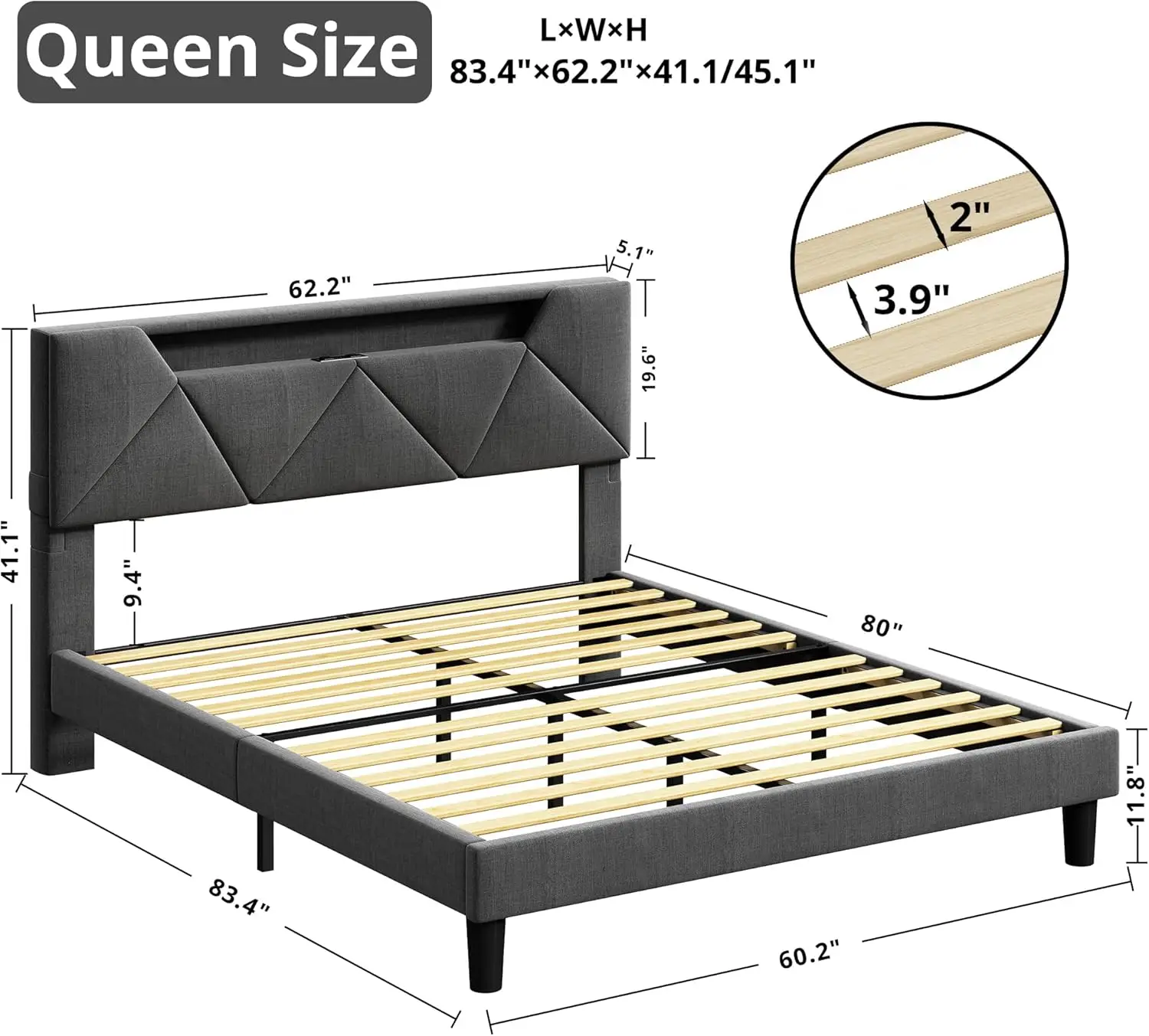 Queen Bed Frame with Storage Headboard and Charging Station, LED Lights Upholstered Platform Bed, Heavy Duty Steel Suppor