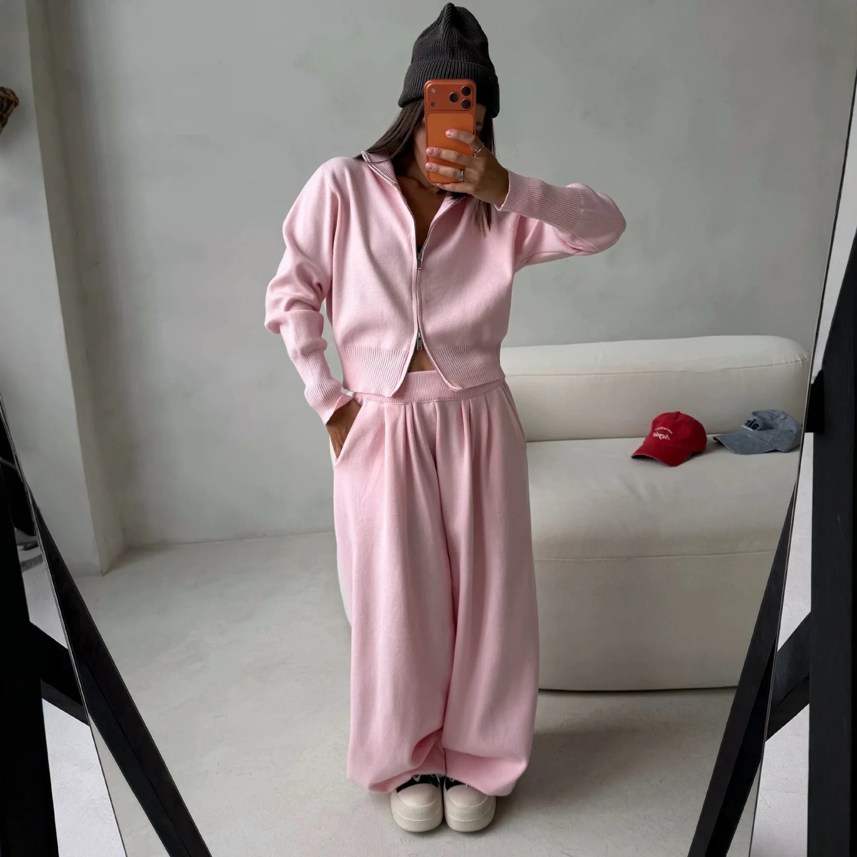 Casual Two Set Zipper Cardigan with Full Length Long Pants European and American Style 3d Effect Streetwear Autumn Women Sets
