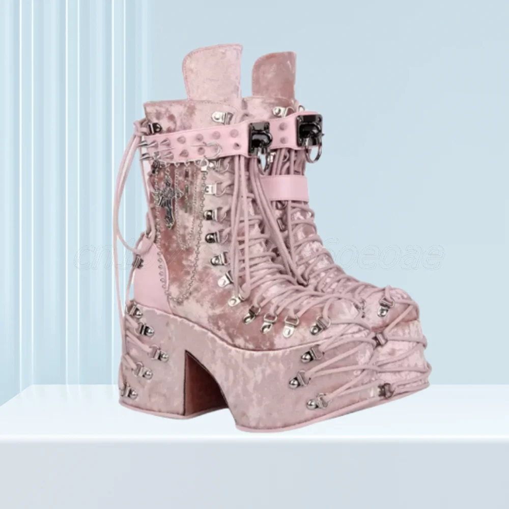 

Punk Style Thigh High Boots Buckle Chain Decor Matte Leathers Shoes for Women Cross Tied Biker Shoes 2025 Zapatos Para Mujere