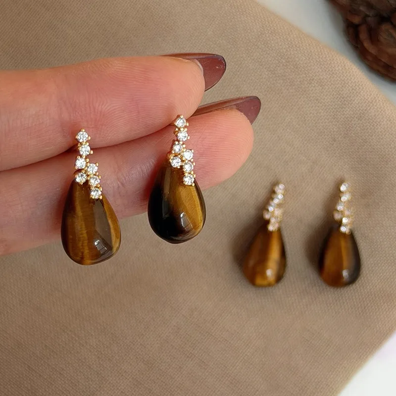 Fantasy Cubic Zirconia Water Drop Natural Stone Tiger Eye Dangle Earrings For Women Real Gold Plated Party Jewelry