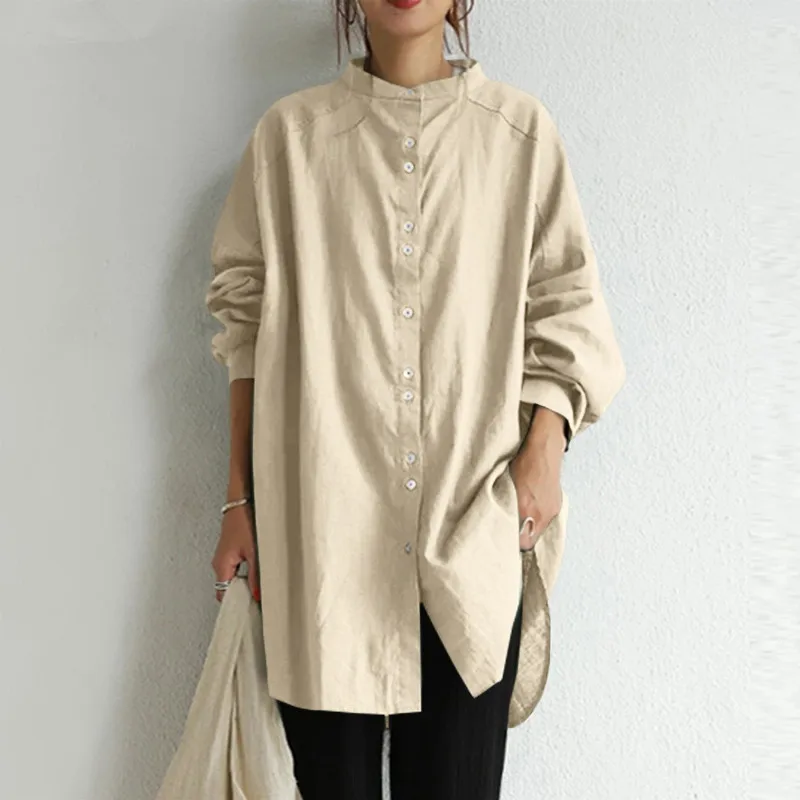 Retro Stand Up Collar Single Breasted Long Sleeved Shirt Casual Loose Solid Color Cotton Linen Base Shirt for Women