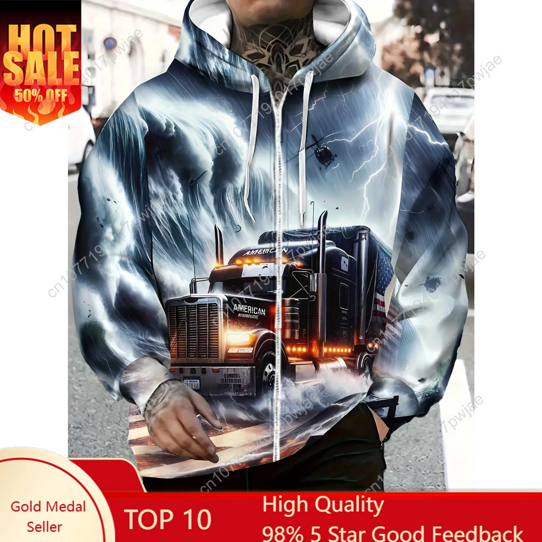 Moletom masculino com capuz gráfico Lightning Truck – poliéster durável, design preto e branco, jaqueta com zíper de ajuste confortável para roupas casuais e esportivas