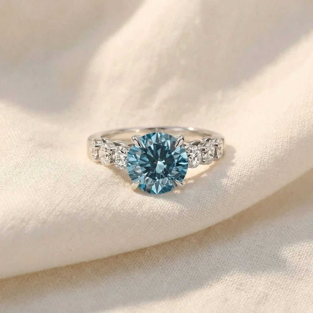 4CT Hauptstein, runder blauer Diamant, VS-VVS-Verlobungsring aus Platin 950, im Labor gezüchteter Diamantring für Damen, Jubiläumsgeschenk – Detail 6