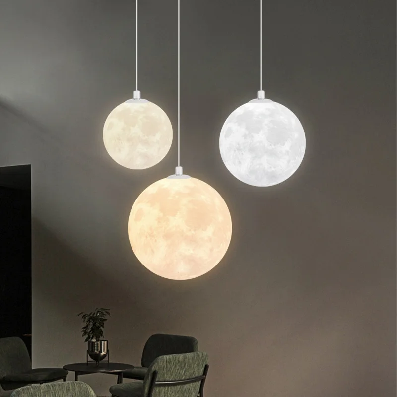 Restaurant Dining Home Decor Pendant Lights Moon Shape Plastic Ball Lampshade Chandeliers Space Style LED Modern Hanging Lustres