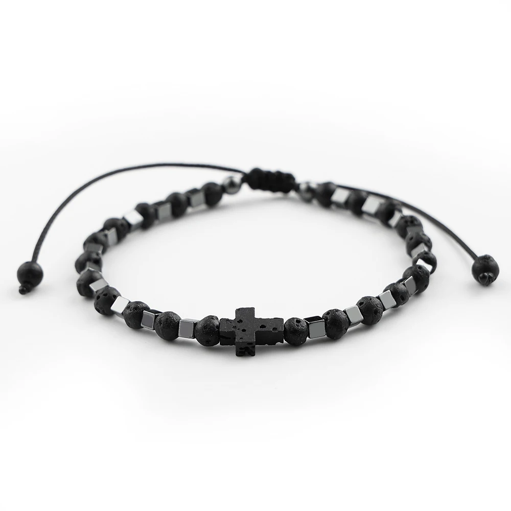 Black Cross Lava Stone Beaded Bracelet Adjustable Wax Rope Hematite Square Bead Bracelet Men Women Religious Amulet Jewelry Gift