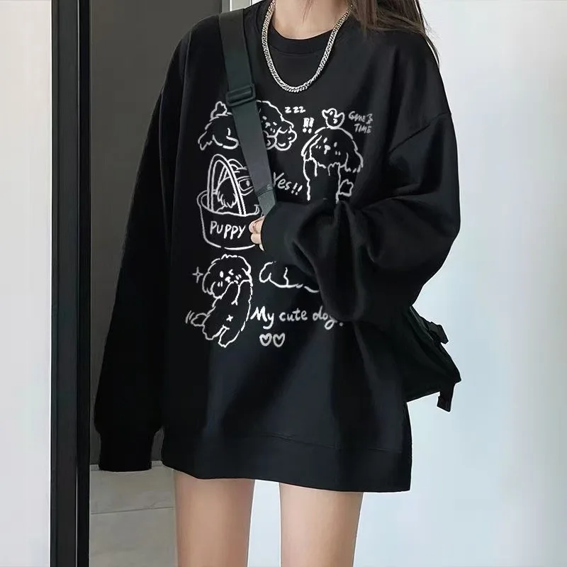 Estilo formal americano em torno do pescoço moletom feminino primavera outono 2025 dos desenhos animados bonito cães impressão pullovers escola meninas hoodies