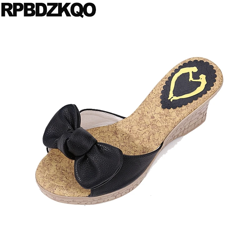 

Cork Sweet Sandals Slides Kawaii Fish Mouth Bow Knot Slippers 34 Platform Cute Bowtie Women Wedges Peep Toe Shoes High Heels