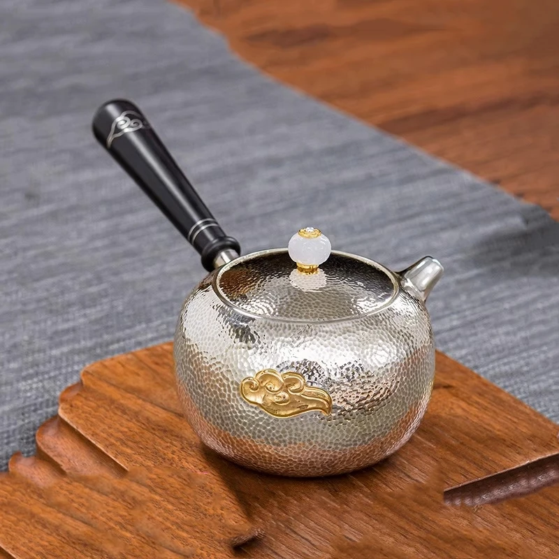 Side handle silver teapot, pure silver 99.9%, handcrafted Xiangyun gold-plated tea set, brewing teapot