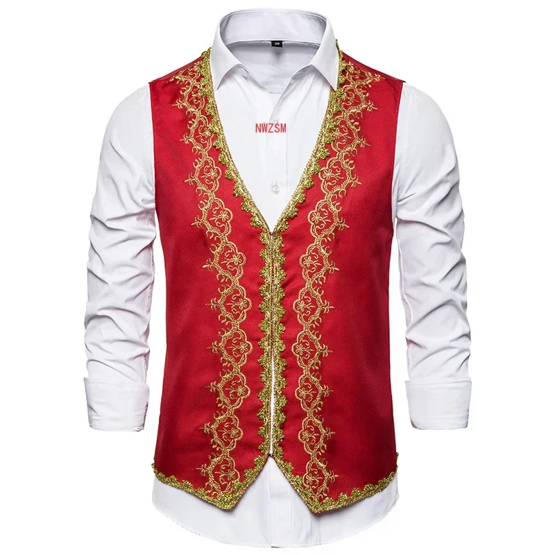 Stylish Gold Embroidery Baroque Vest Men Slim Fit Palace Prince Black Vest Waistcoat Men Stage Prom Drama Opera Costume Gilet