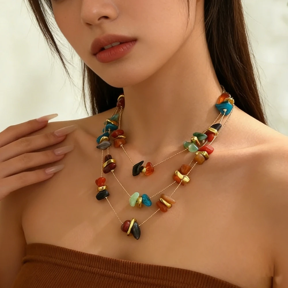 Colorful Natural Stone Multi-layer Necklaces Women Personality Versatile High-end Sense Necklace Fashion Jewelry Birthday Gift