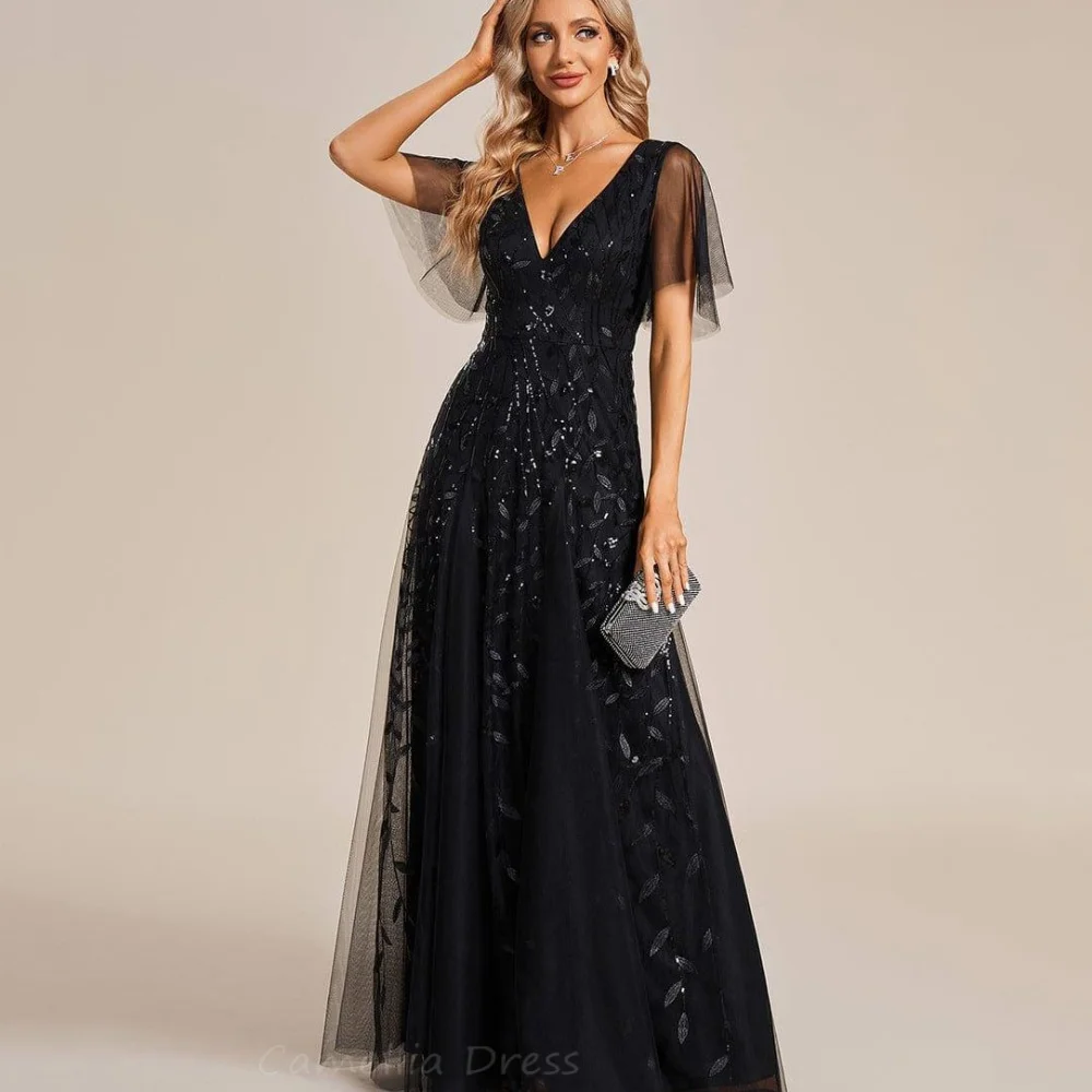 Tulle Mother Dresses V Neck Customized Appliques A Line Bride Party Dress Formal Gowns V Neck Flare Sleeve robes invitée mariage