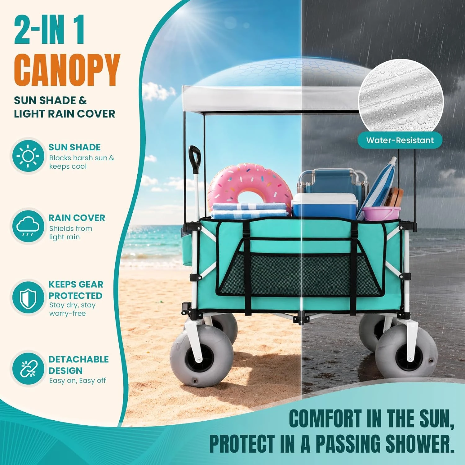 Beach Wagon with Big Balloon Wheels for Sand 200L Extra Large Beach Cart with Canopy 440Lbs Heavy Duty Folding Wagon Collapsible 9in Tires Light Blue - view 4