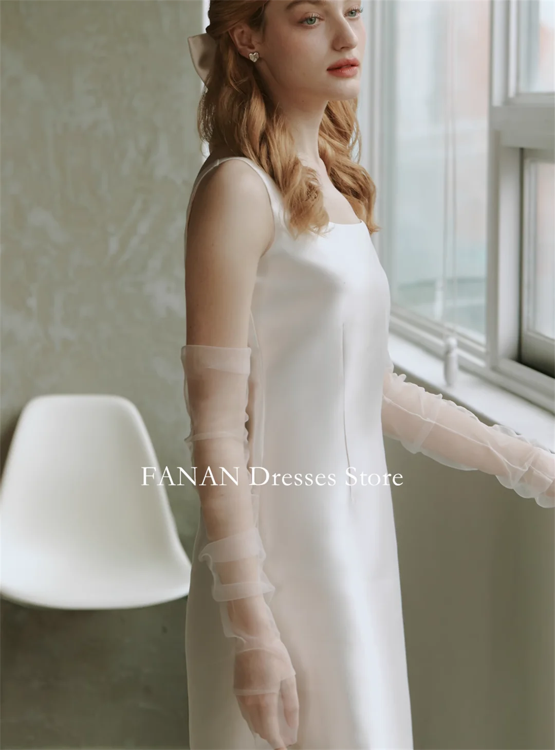 فساتين زفاف FANAN Korea برقبة على شكل حرف U بسيطة عاجية فساتين زفاف مكشكشة مخصصة من الحرير والساتان فساتين عروس صغيرة بسحاب مقاس كبير #4