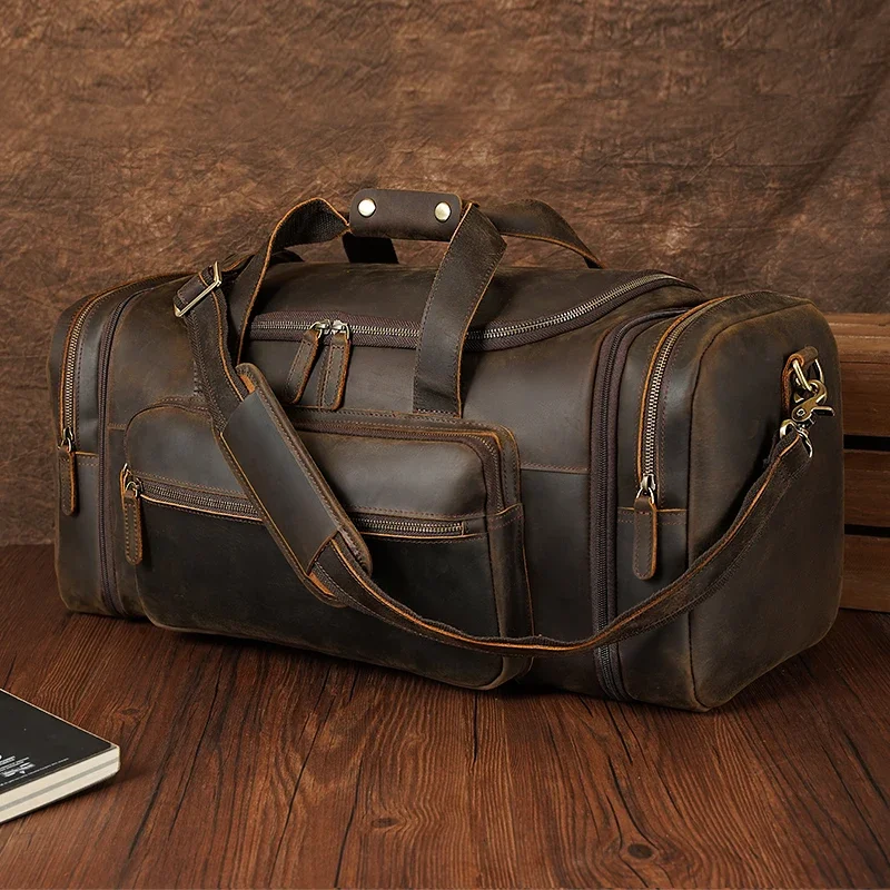 High Quality Vintage Style Retro Large Top Grain Full Genuine Leather Crazy Horse  Men Travel Duffle Bag