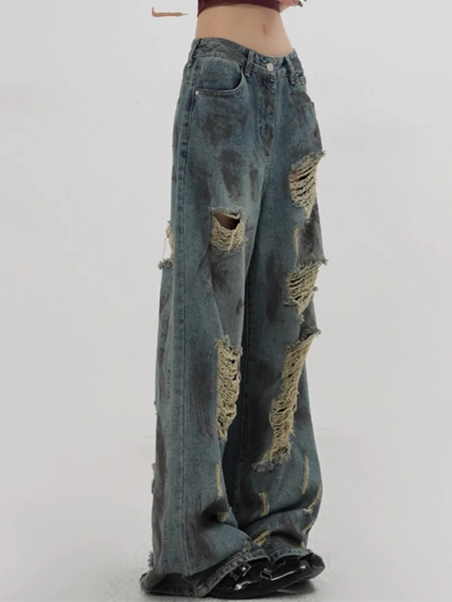 Vaqueros vaqueros Retro americanos con agujeros para hombre y mujer, Vaqueros holgados rectos de pierna ancha, informales, para jóvenes, verano 2024