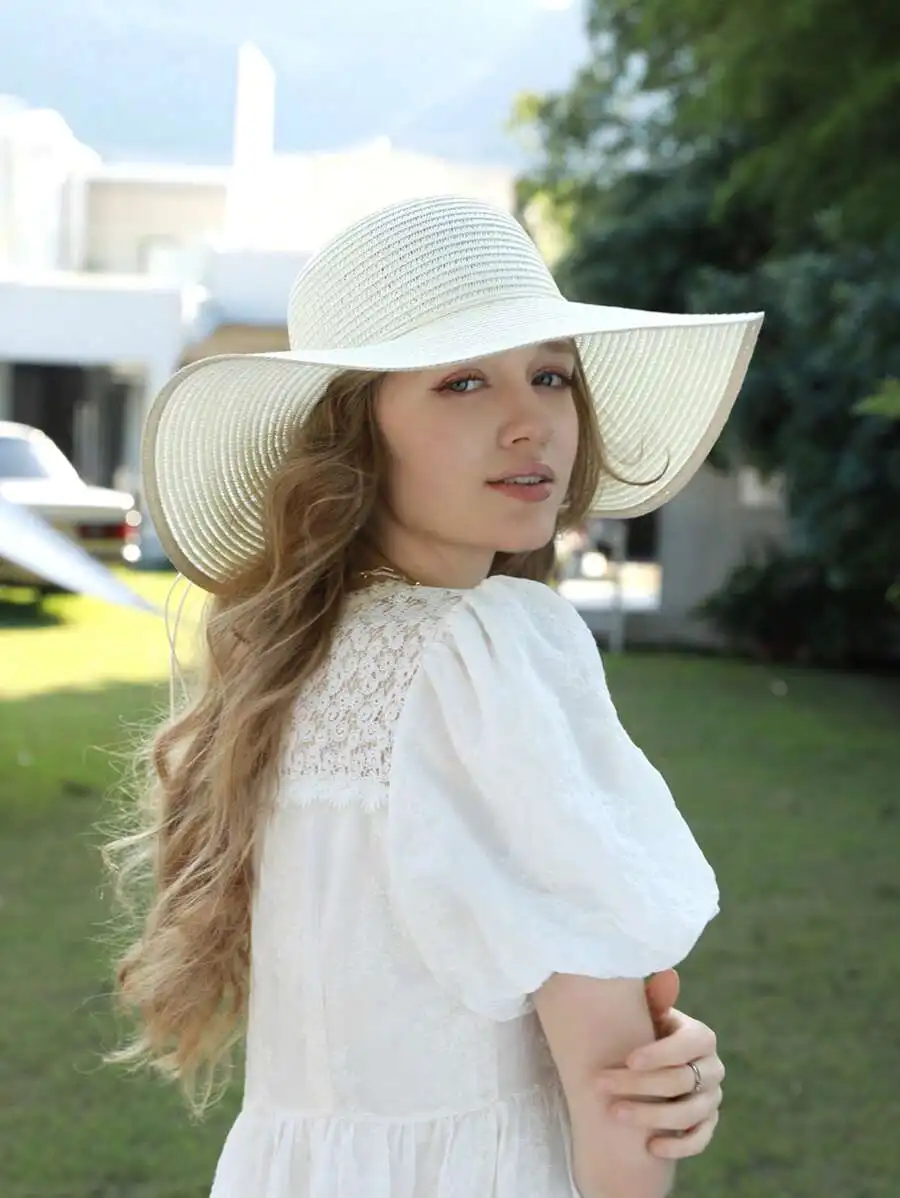 

Women Wide Brim Straw Sun Hat With Floral Embroidery For Beach Vacation Cruise