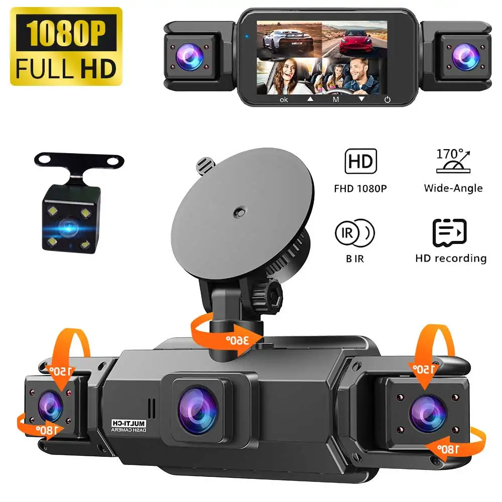 Dash Cam a 360° con 4 Canali, Schermo IPS da 3,0 Pollici, Telecamere Anteriore, Posteriore, Sinistra, Destra e Interna per Auto, Visione Notturna, Angolo di Visione Ampio 170°, WDR, Modalità