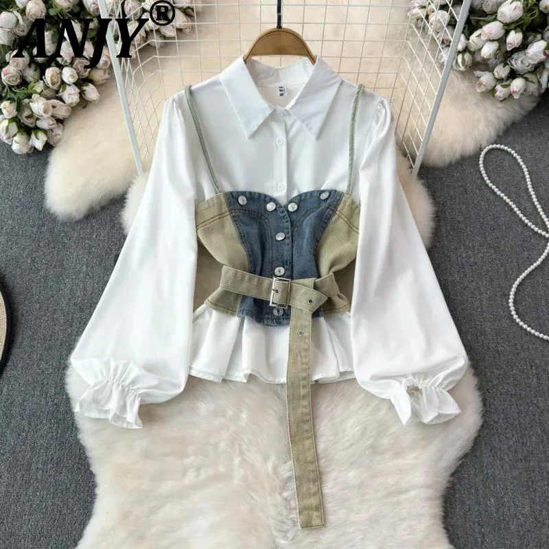

ANJY Autumn New Women's Korean High Street Long Puff Sleeve Shirt Vintage Belted Denim Camisole Vest Trendy Two-Piece Tops A8111