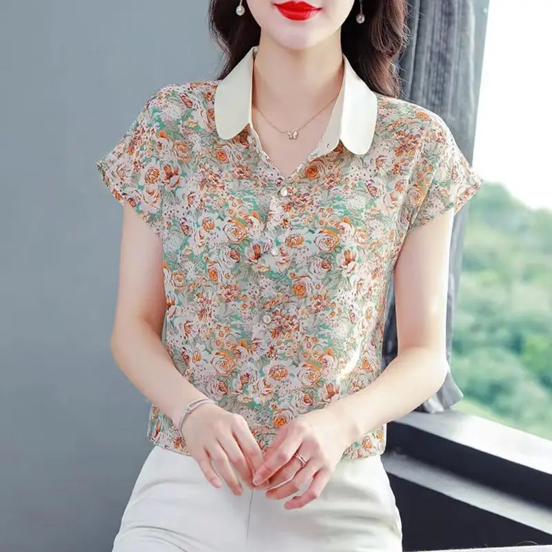 Elegant Floral Printing Women\'s Clothing 2023 Summer POLO Collar Loose Comfortable Tops Women Broken Flower Chiffon Shirt