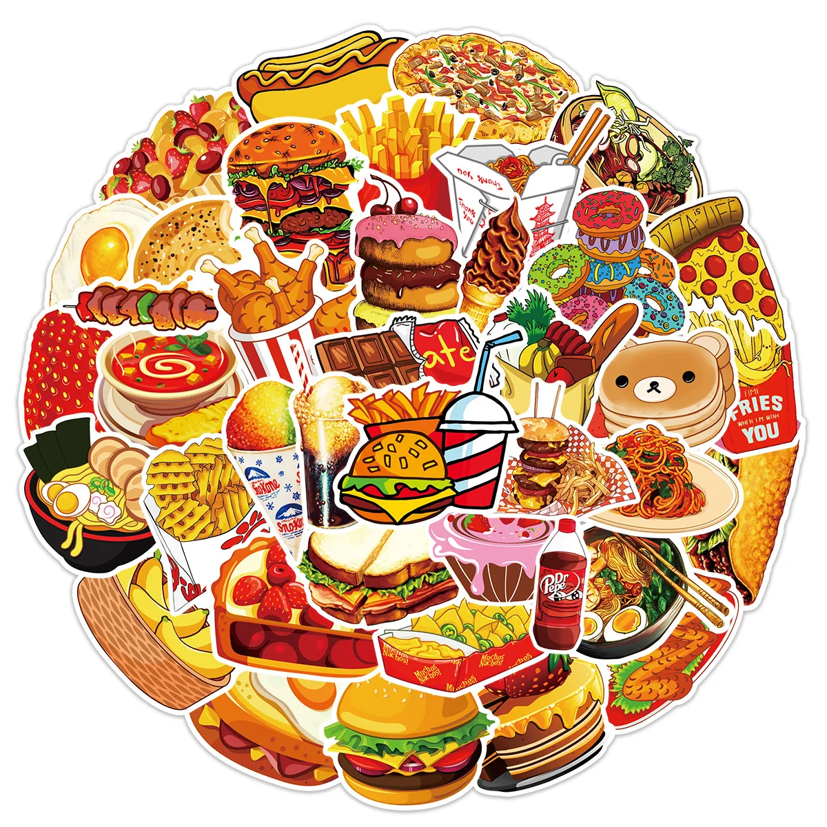 50PCS Delicious Food Drink Stickers Cute Cartoon Graffiti Decals DIY Phone Motorcycle Stationery Fridge Car Wall Sticker
