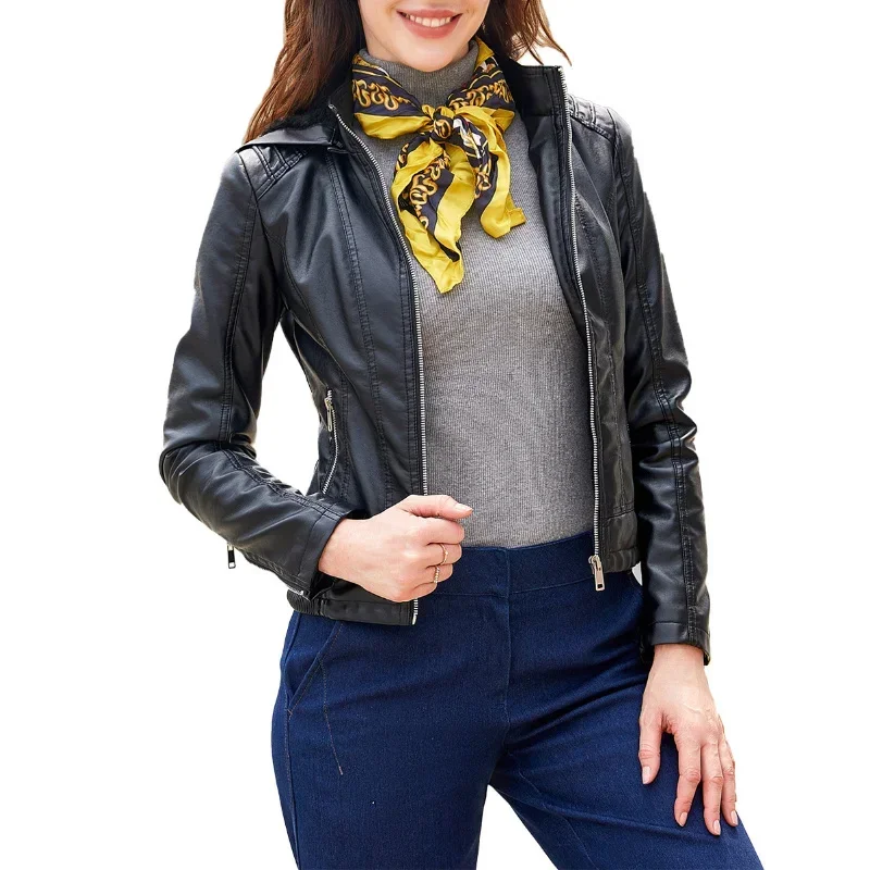 BTQWFD-chaquetas con sombrero desmontable para mujer, abrigos con capucha de lana para invierno, ropa femenina, motociclista de cuero PU con