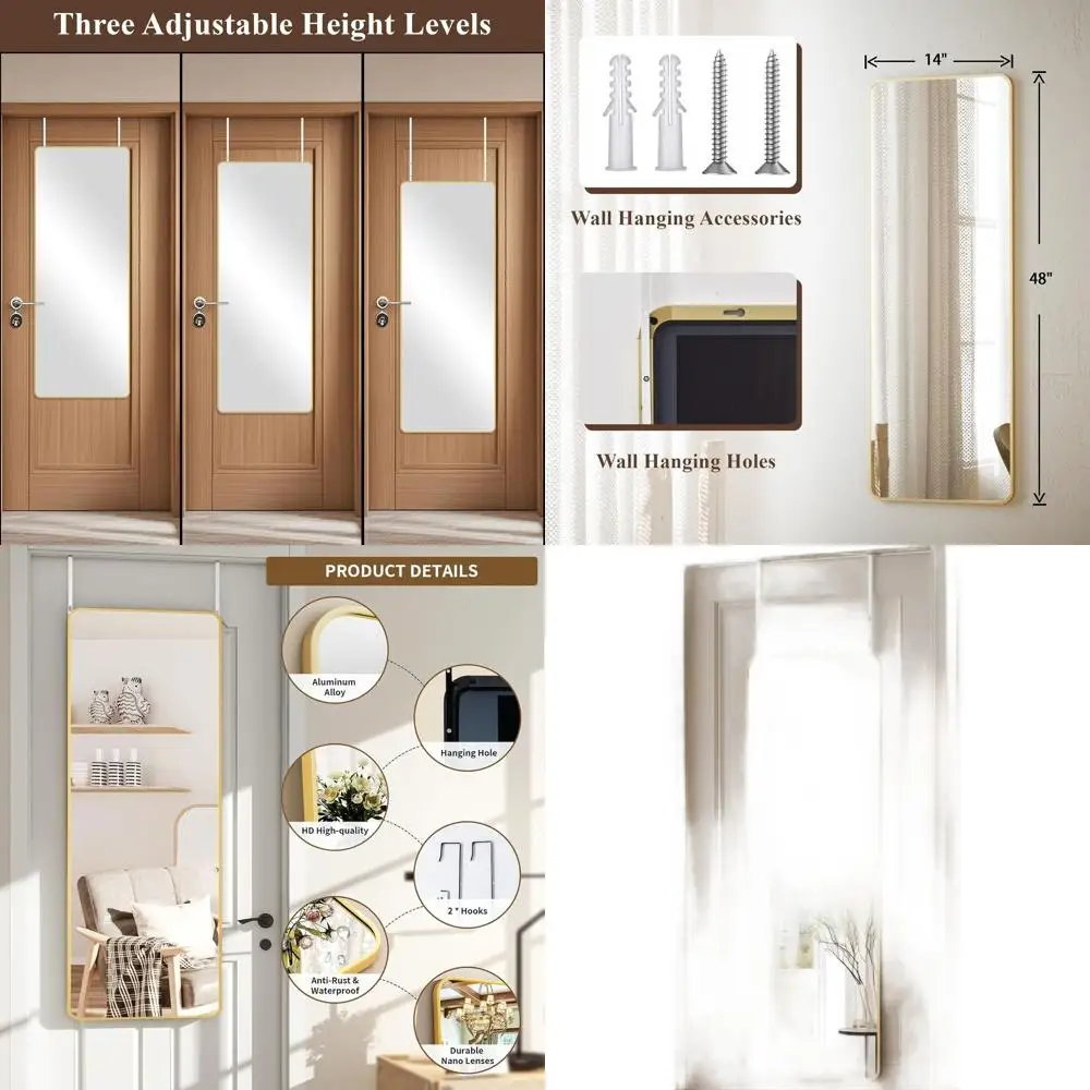 

Зеркало в полный рост 14 x 48 дюймов, ударопрочное, с золотой алюминиевой рамой, для настенного или дверного крепления