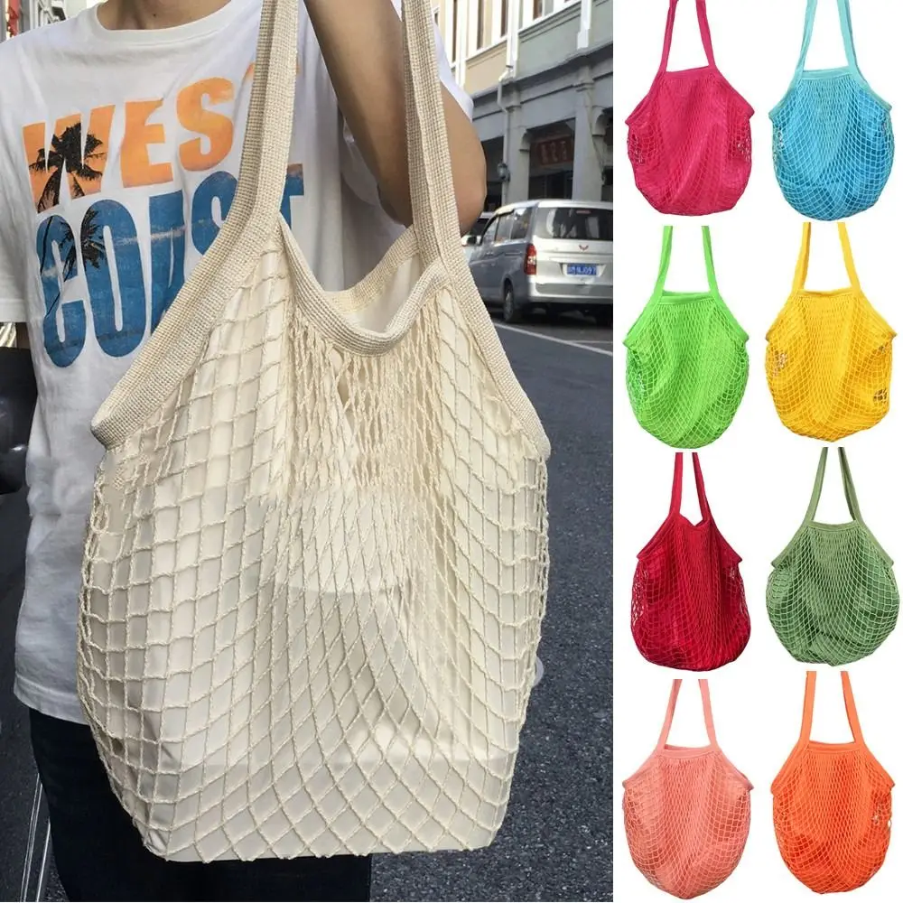 Lightweight Cotton Grocery Bags Portable Reusable Organizer Handbag Mesh Rope Breathable Mesh String Bag Fruit Vegetable Storage
