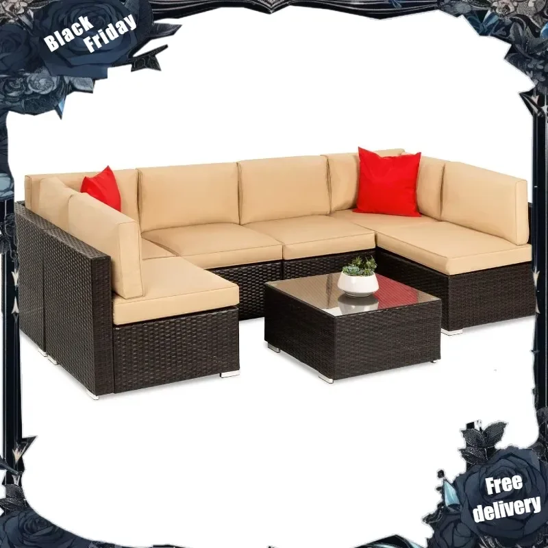 

7-Piece Modular Outdoor Sectional Wicker Patio Conversation Set w/ 2 Pillows, Coffee Table, Cover Included