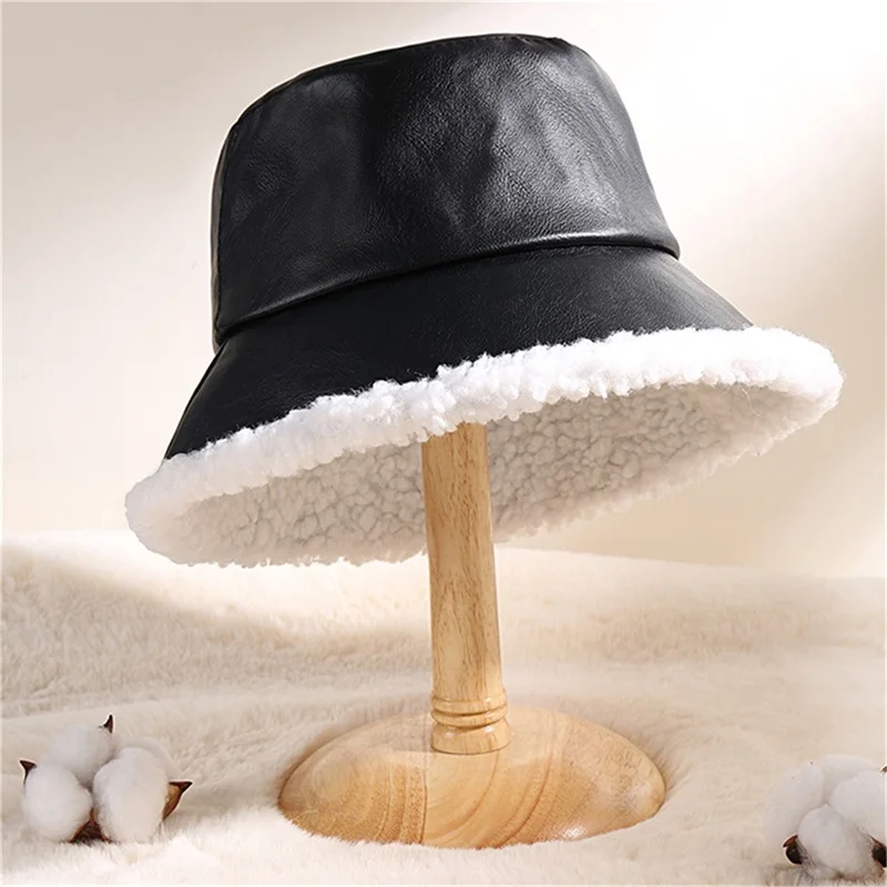 New Fashion Women Men Winter Bucket Hat Solid Color Reversible Plush Hat Wide Brim Fisherman Cap For Outdoor Travel Beach