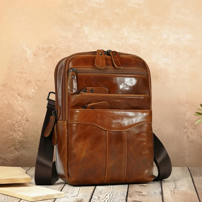 Men's Genuine Leather Chest Bag Fashion Leisure Multifunctional Sling Crossbody Bag Men Practical Sling Bag for Hiking,Outdoor