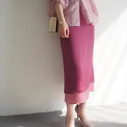 Blossom Red Contrasting Color Double Sided Knee Over High Waist Half Length Skirt Women Texture Silk Matte Smooth Artistic Sense