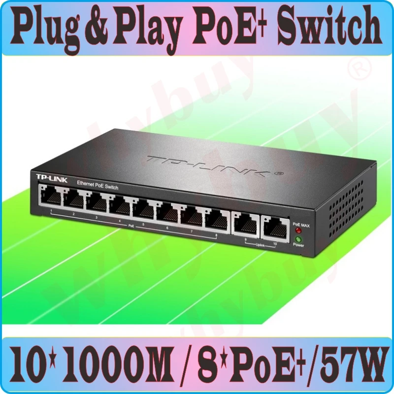 

802.3at/af 57W 10 Ports 1000Mbps Ethernet Switch 8 PoE+ ports power to IP camera,wireless AP, 10-port RJ45 Gigabit PoE Switch