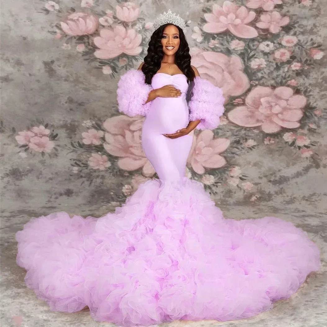 Stretch Pink Mermaid Maternity Dresses Photoshoot Puffy Sleeves baby shower платье для беременных فساتين حوامل  vestidos para em