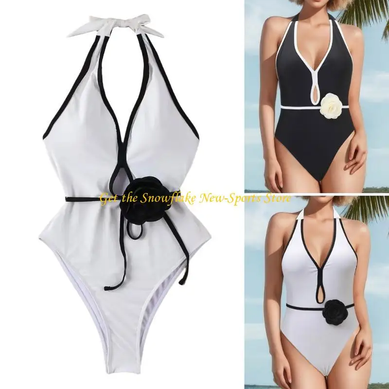 

E56D Ladies Plunging V Neck Bathing Suit Tummy Controlled Halterneck Swimming Costume