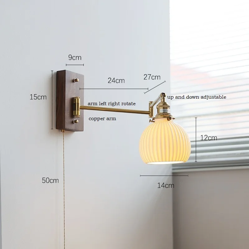 Imagem -02 - Iwhd Puxar Interruptor de Corrente Moderna Lâmpada Parede Arandela ao Lado do Quarto Sala Estar Escada Luz Braço Cobre Esquerda Direita Girar Aplique Led