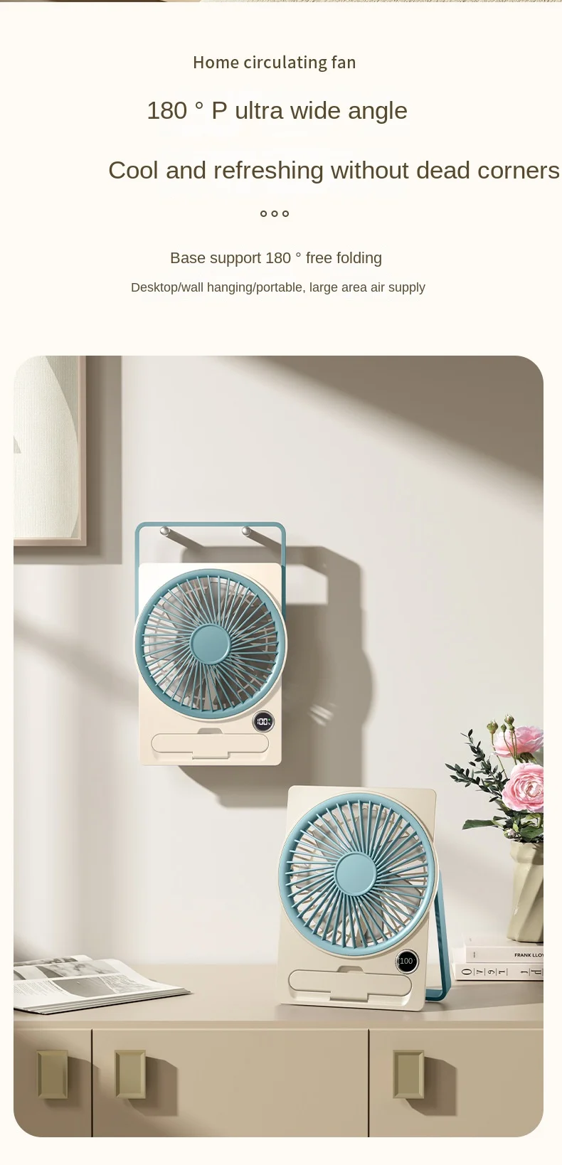 Ultra Thin Mini Fan USB Rechargeable Card Fan LCD Digital Display 6-speed Adjustment Hanging Stand Dual Use Desktop Fan