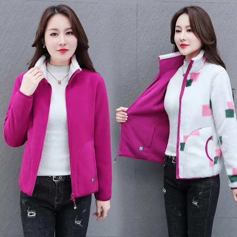 Reversible Polar Fleece Hoodie Female Spring Autumn New Add Velvet Add Thick Stand Collar Cardigan Coral Fleece Keep Warm Coat